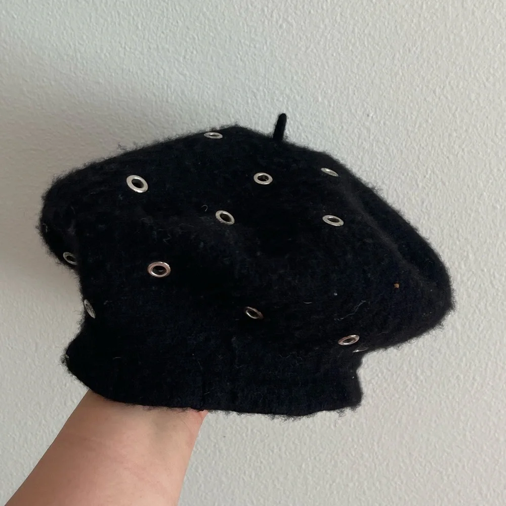 Jones New York Wool Black Beret with Silver Eyelets